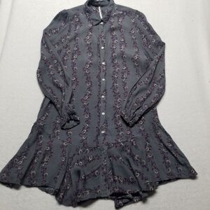 Free People XS Dress Mini Floral Gray Flutter Hem Ruffle Boho Cottage